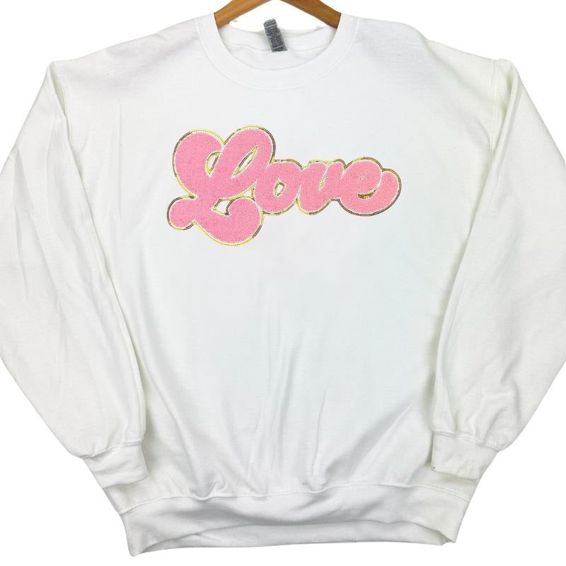 Light Pink Chenille Love Patch Sweatshirt -- WHITE