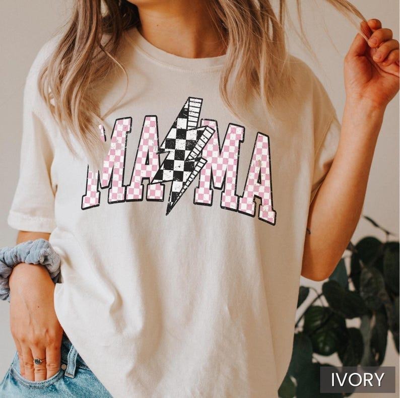 Lightning Bolt Mama Shirt Retro Checkered Mama T Shirt Comfort Colors Mama T-Shirt Mother's Day Presents for Mom Gift Homeschool Mom Shirt