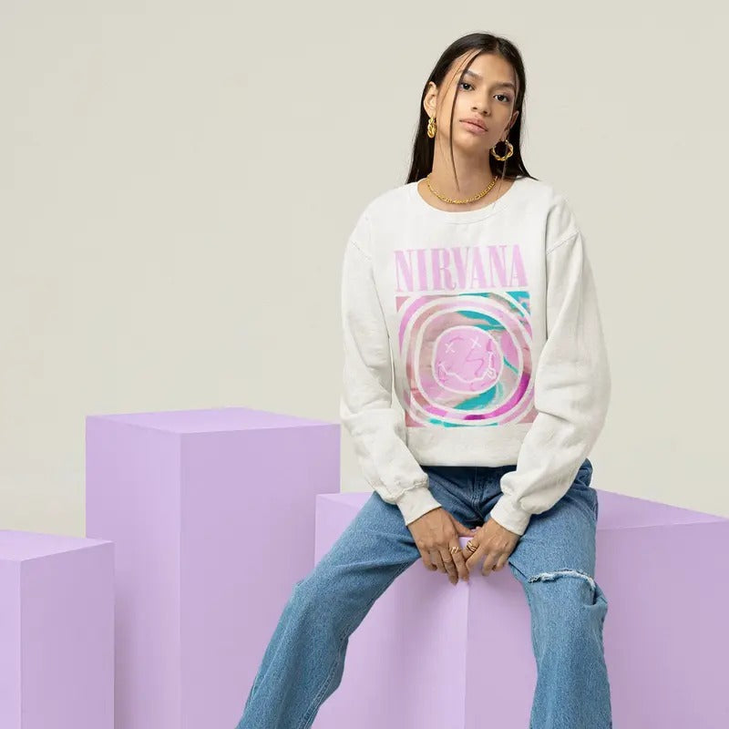 Lilac Nirvana Smiley Face Sweatshirt, Vintage Nirvana Crewneck Sweatshirt, Nirvana Kurt Cobain Sweater, Nirvana Smile Face Sweatshirt, Nirvana Tour 90s Tee Shirt