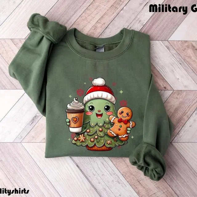 Limited Adorable Christmas Tree & Gingerbread Sweatshirt | Kawaii Holiday Unisex Crewneck | Cozy Winter Coffee Lover's Gift