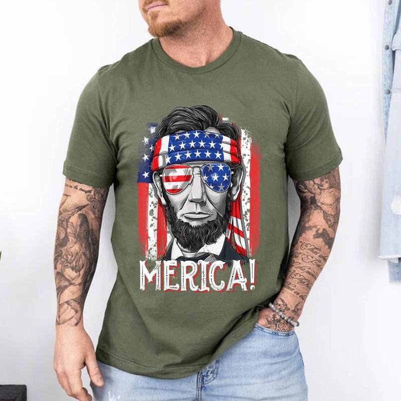 Lincoln 4th Of July Merica Abe Boys Men Women American Flag T-Shirt | Unisex Cotton Tee, Short Sleeve, Size S-3XL
