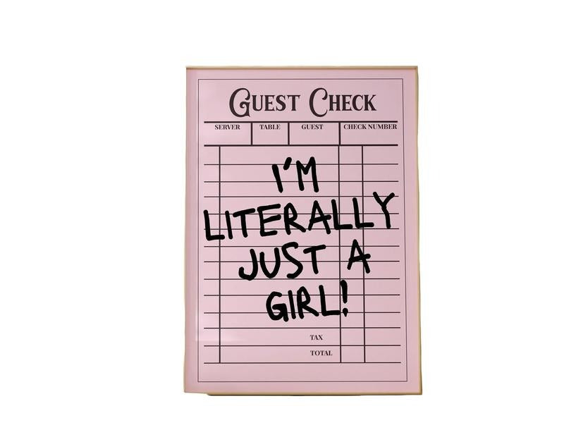 Literally Just A Girl Guest Check Coquette Print, Trendy Wall Art, Guest Check Poster Print Retro Wall Art, Dorm Room Decor, Gifts For Her Wall Art Decor, Poster Prints No Frame, Wall Art Home Decor, Art Posters, Gifts For Birthday Christmas