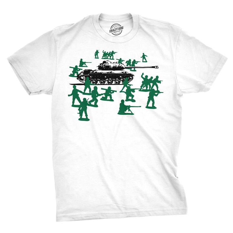 Little Green Army Men T Shirt Vintage Funny Logo Shirts Military Novelty Toy Tee Mens Funny T Shirts Cool Tees Soft Stylish Casual Menswear Funny Vintage Short Sleeve Novelty Tees for Guys White
