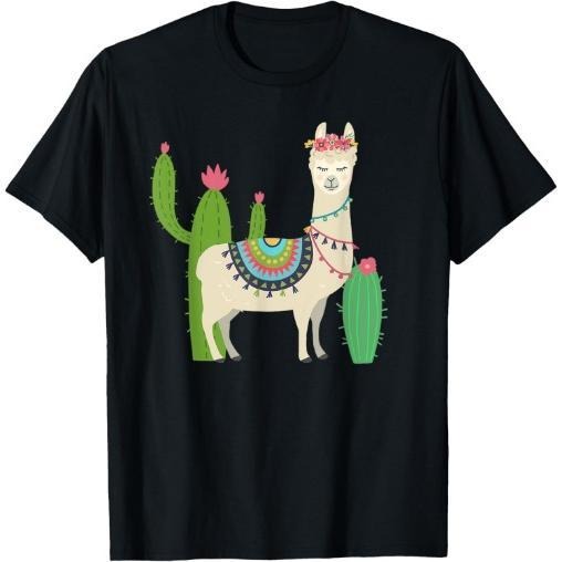 Cute Llama With Flower & Cactus / Llama Lover Gift T-Shirt Made in USA