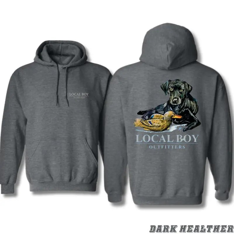 Local Boy Outfitters Duck Hunting Hoodie Sweatshirt T-shirt - Classic Retriever and Duck Graphic for Outdoor Enthusiasts, Unisex Hoodie for Nature Lovers and Casual Wear