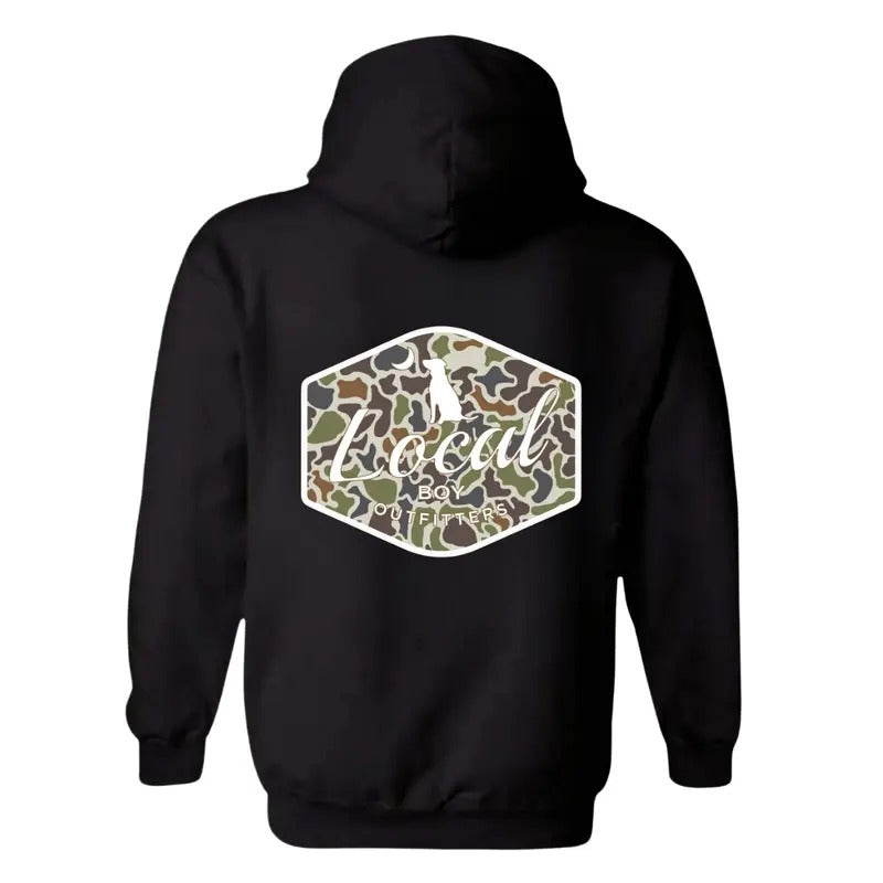 Local Boy Outfitters Hoodie - Bold Camo Logo Design, Ideal for Outdoor Enthusiasts and Hunters, Unisex Hoodie Offering Comfort and Style for Everyday Wear, Showcasing Southern Pride and a Love for the Outdoors and Adventure Menswear Sweaters TTP