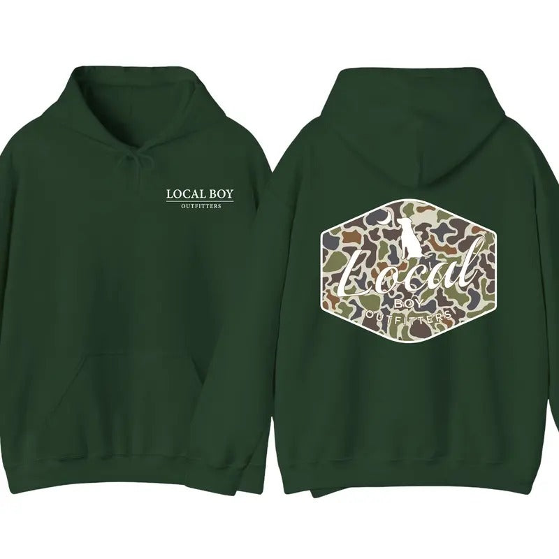 Local Boy Outfitters Hoodie - Original Camo Graphics Hoodie, Perfect for Outdoor and Dog Lovers, Unisex Hoodie Comfort and Style
