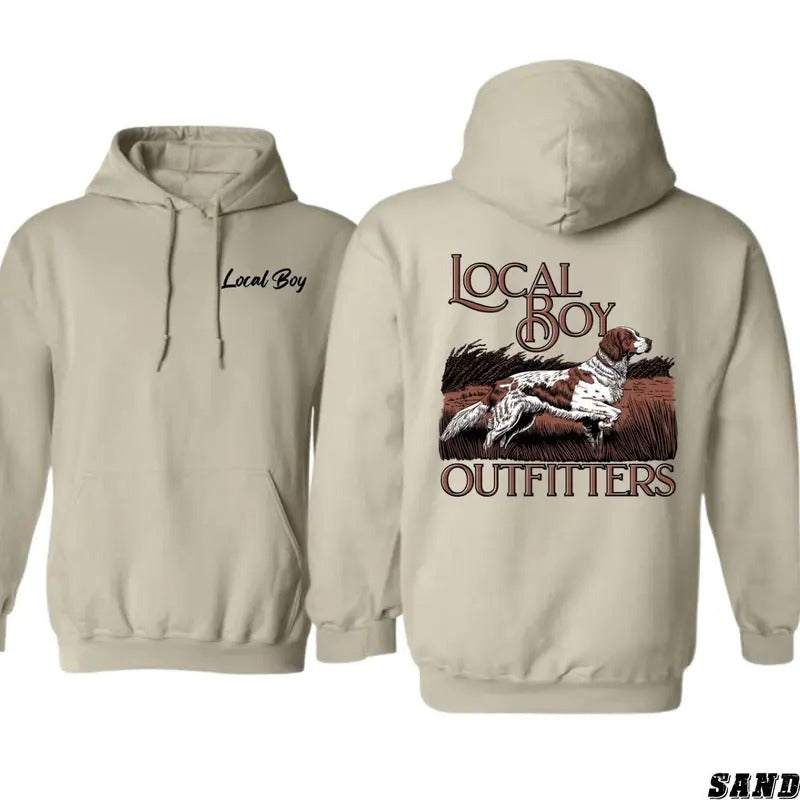 Local Boy Outfitters Hoodie Sweatshirt T-shirt, Classic Hunting Dog Graphic for Outdoor Enthusiasts Tops