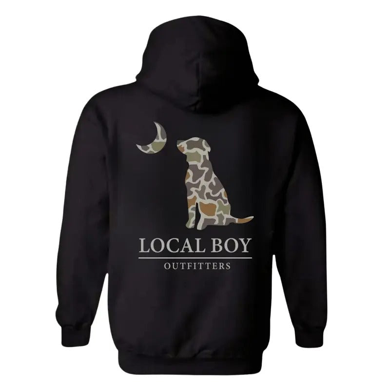 Local Boy Outfitters Hoodie, Classic Camouflage Dog Design Featuring Moon Graphics, Country Boy Clothing, Perfect for Outdoor Enthusiasts and Dog Lovers, Unisex Hoodie for Everyday Comfort and Southern Style Menswear Sweaters Tops Cotton Pullover TTP