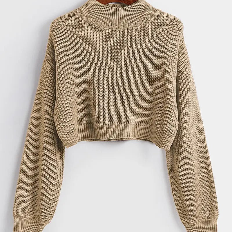 Long Sleeve Mock Neck Cropped Sweater Drop Shoulder Pullover Sweater Lantern Sleeve Ribbed Knit Crop Top