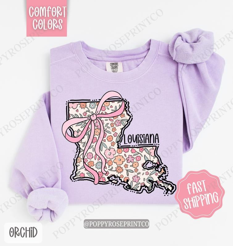 Louisiana Floral Comfort Colors Sweatshirt, Louisiana Sweatshirt, Cute Bow Louisiana Sweatshirt