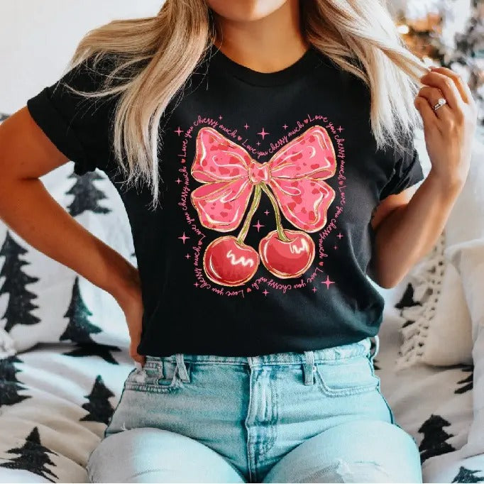 Love You Cherry Much T-Shirt, Valentine Coquette Shirt, Coquette Heart Tee, Valentines Day Gift Tee, Love Short Sleeve, Cherry Vibes T-Shirt.