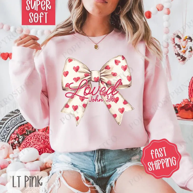 Loved Bow Valentines Sweatshirt, Valentine's Day Crewneck, Holiday Women's Sweater valentine sweatshirt valentine day
