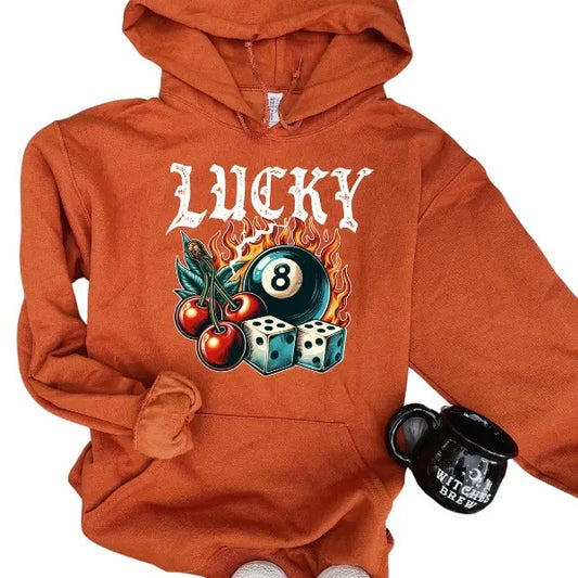 'Lucky' Eight Ball with Dice Long Sleeve Crewneck Sweatshirt or Hoodie, Everyday Comfy Statement Style Pullover, Unisex Fit, Casual Grunge Fashion