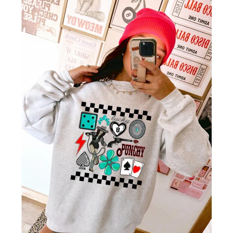 Lucky Cowgirl Crew Sweatshirt, Graphic Crewneck shirt, cowgirl outfits, western clothing, western tops outfits women, country concert outfits clothing, rodeo outfit women shirt hoodie