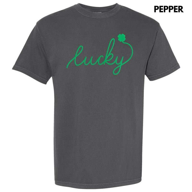 Lucky Cursive Green Puff Comfort Colors T-Shirt