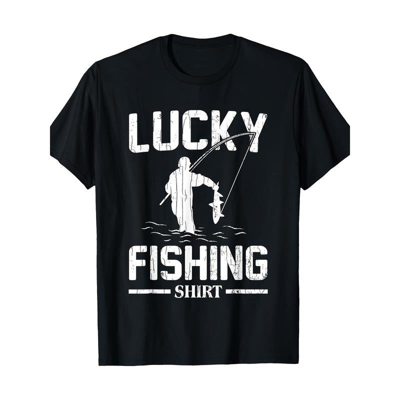 Lucky Fishing Graphic T-Shirt, 100% Cotton Crew Neck Short Sleeve Tee, Casual All-Season Knit Fabric, Geometric Pattern Digital Heat Transfer, Regular Fit Pullover Shirt for Adults Made in USA