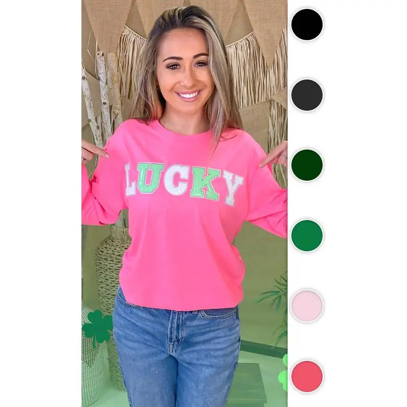 Lucky St Patricks Day Sequin Graphic Long Sleeve Shirt
