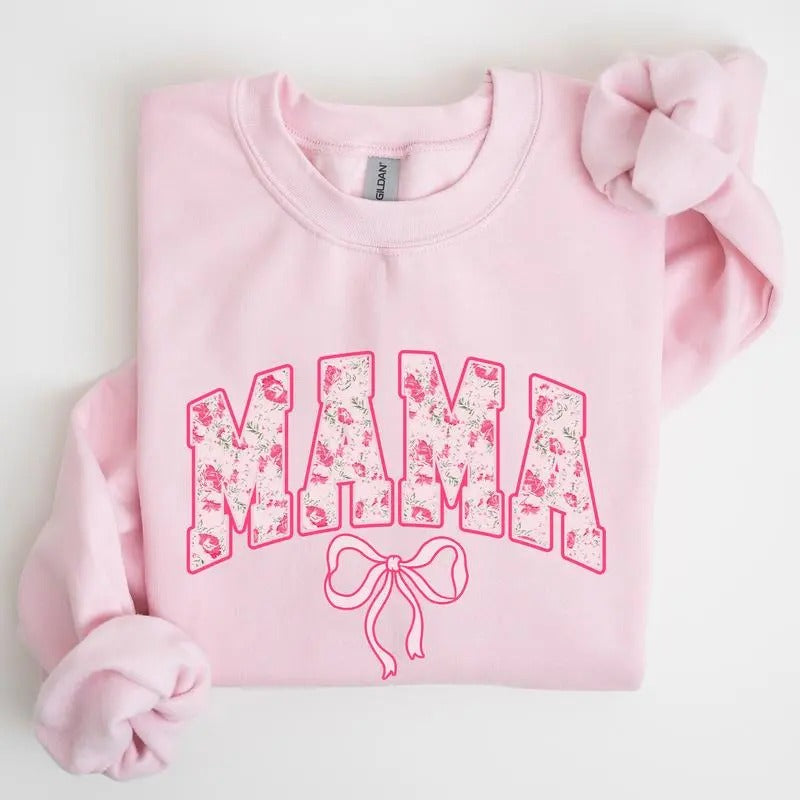 MAMA Pink Chinoiserie Coquette Bow Sweatshirt, Pink Ribbon, Pink Bow Lovers, Soft Mom, Soft Girl Ear Trendy Bow Shirt, Gift for Her