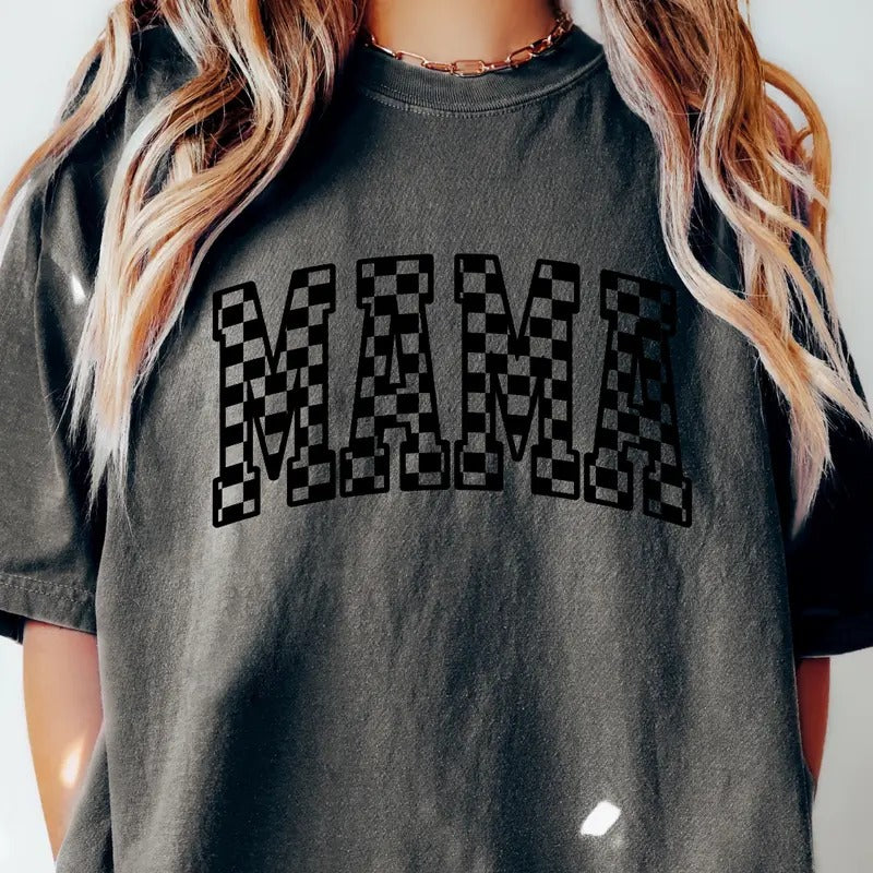 MAMA T-SHIRT RETRO CHECKERED SHIRT, COMFORT COLORS CASUAL COTTON T-SHIRT FOR MOMS Fabric Top