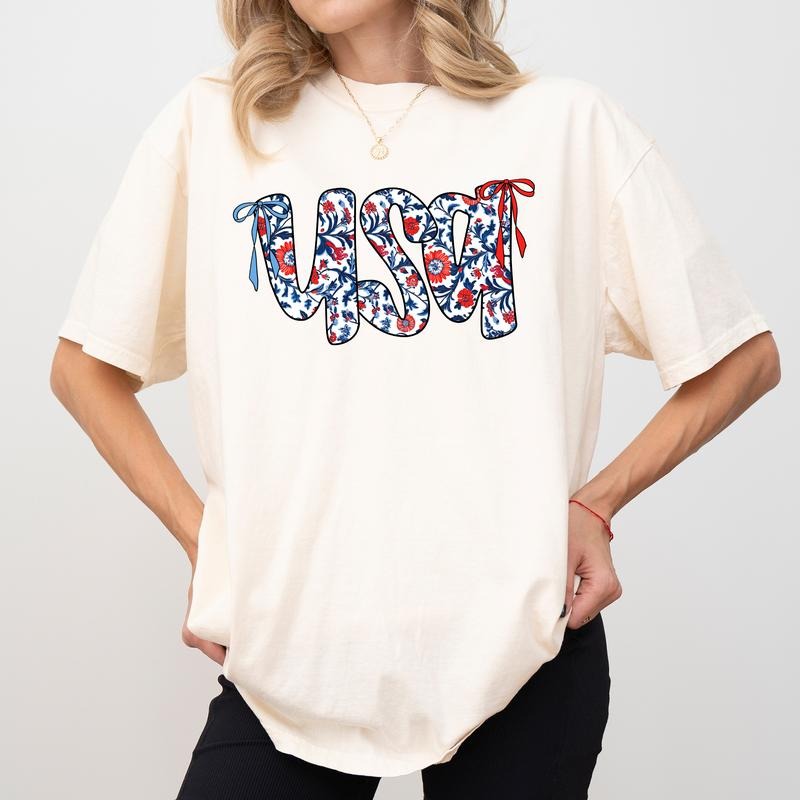 MAPTEES Coquette Bow USA Comfort Colors Shirt, Coquette 4th Of July T-shirt, Floral United State Of America Graphic Tee, Independence Day Shirt