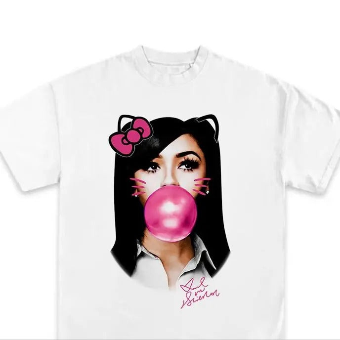 MARIAH THE SCIENTIST Pink Kitty Bubble Gum Graphic T-Shirt Vintage Graphic Tees vintage graphic tees Cotton Top