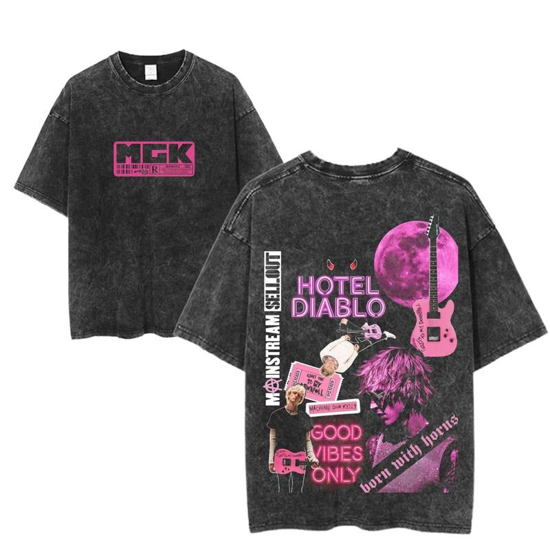 MGK Hotel Diablo Graphic Tee, Machine Gun Kelly Born With Horns Shirt, Vintage Rock Style, Pink Grunge Music Merch, Unisex Concert Streetwear
