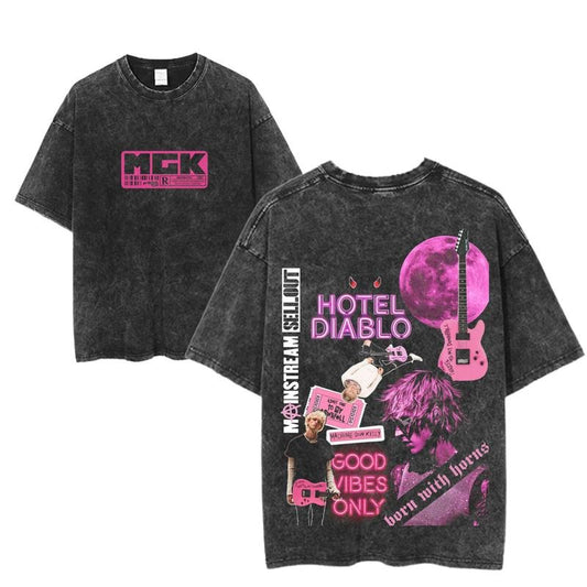 MGK Hotel Diablo Graphic Tee, Machine Gun Kelly Born With Horns Shirt, Vintage Rock Style, Pink Grunge Music Merch, Unisex Concert Streetwear