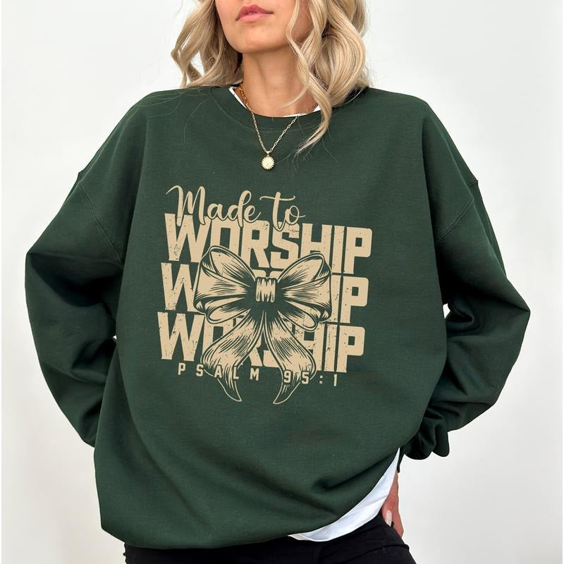 Made To Worship Christian Sweatshirt, Vintage Coquette Bow Crewneck, Girly Coquette Sweaters for Women, Bible Verse Tops, Jesus Apparel, Comfy Long Sleeve Pullover, Cotton Fabric Casual Womenswear