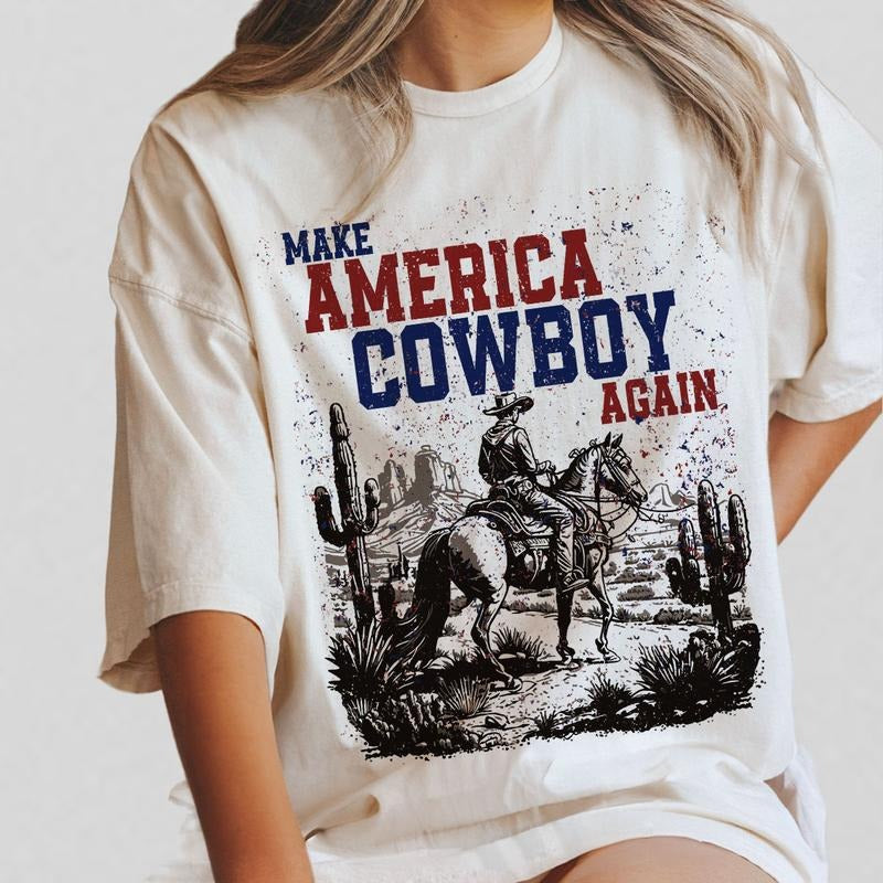 Make America Cowboy Again Shirts, Cowboy Western Shirts, Western 4th of July T-shirt, 4th Of July Tee, Retro America Shirt, Shirts For Women, USA Retro T-shirt, Western Shirt Gift For Her, Women's Tops, Independence Day Gifts