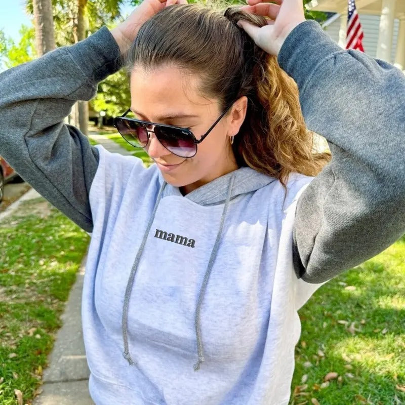 'Mama' Colorblock Hoodie - Soft Cotton Cropped Pullover for Women