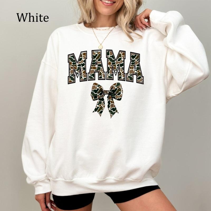 Mama Camo Bow Sweatshirt, Retro Camo Mama Shirt, Trendy Coquette Bow, Duck Hunting Mom Gift, Cozy Fleece Sweatshirt, Everyday Casual Comfort