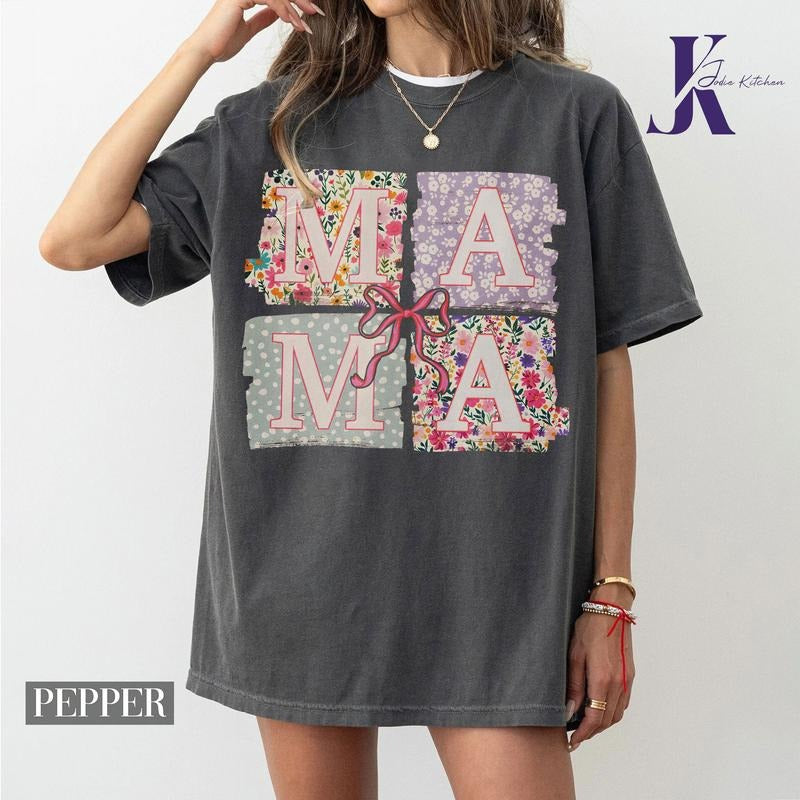 Mama Comfort Colors Shirt, Coquette Bow Mama T-Shirt, Floral Mom Tshirt, Spring Mama Shirt, Springtime Mom Tee, Mothers Day Gift, New Mom