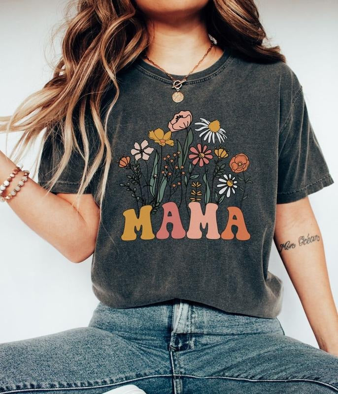 Mama Shirt, Wildflowers Mama Shirt, Comfort Colors Shirt, Retro Mom TShirt, Mother's Day Gift, Flower Shirts for Women, Floral New Mom Gift Top Womenswear