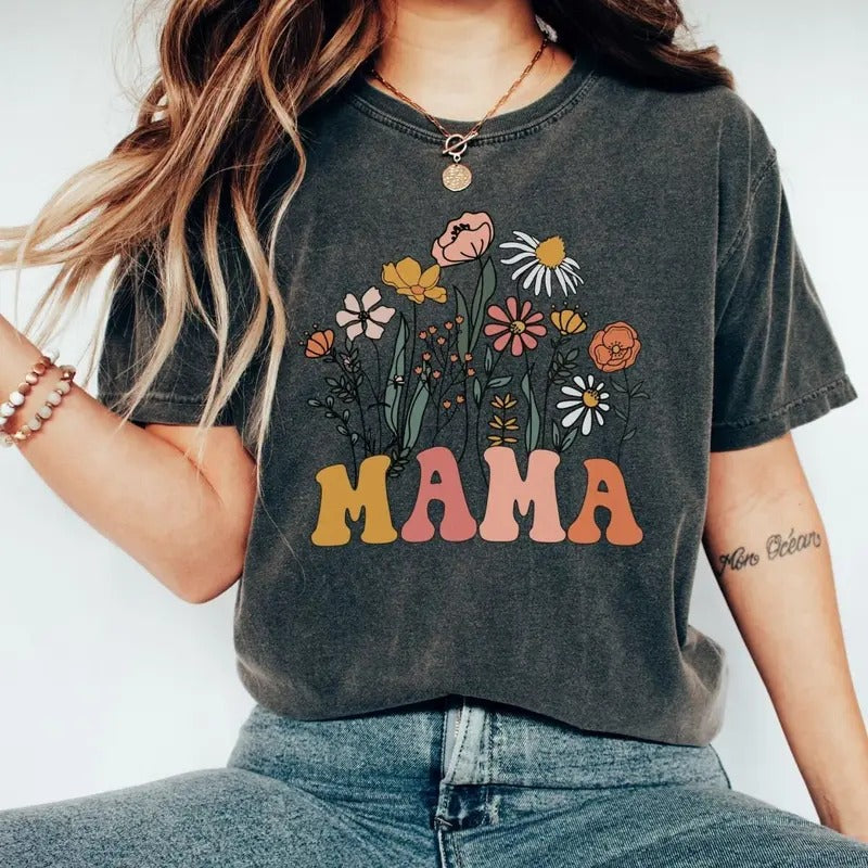 Mama Shirt, Wildflowers Mama Shirt, Retro Mom Tshirt, Flower Shirts For Women, Floral New Mom Gift, Unisex T-Shirt, Gifts For Women Mother From Son Daughter, Short Sleeve Tee Shirt, Mom Gifts, Gifts For Birthday