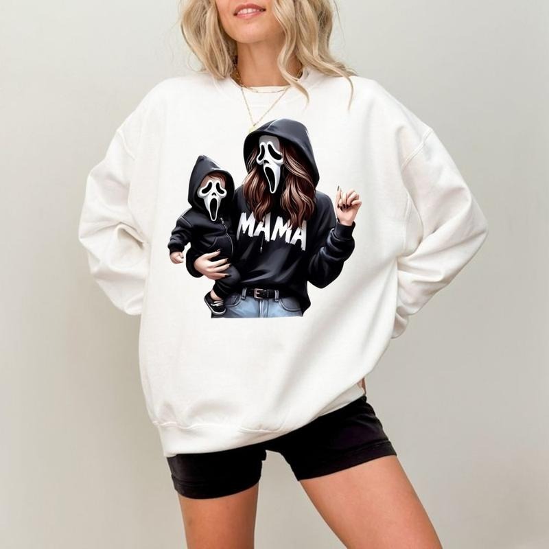 Mama and Kid Scream Mask Hoodie, Sweatshirt, Shirt, Funny Scary Matching Graphic, Cozy Unisex Sweatshirt for Halloween Moms, Family Style