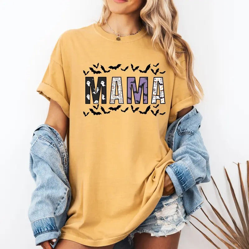 Mama design with bats Halloween Custom colors tee shirt Casual Comfort Cotton
