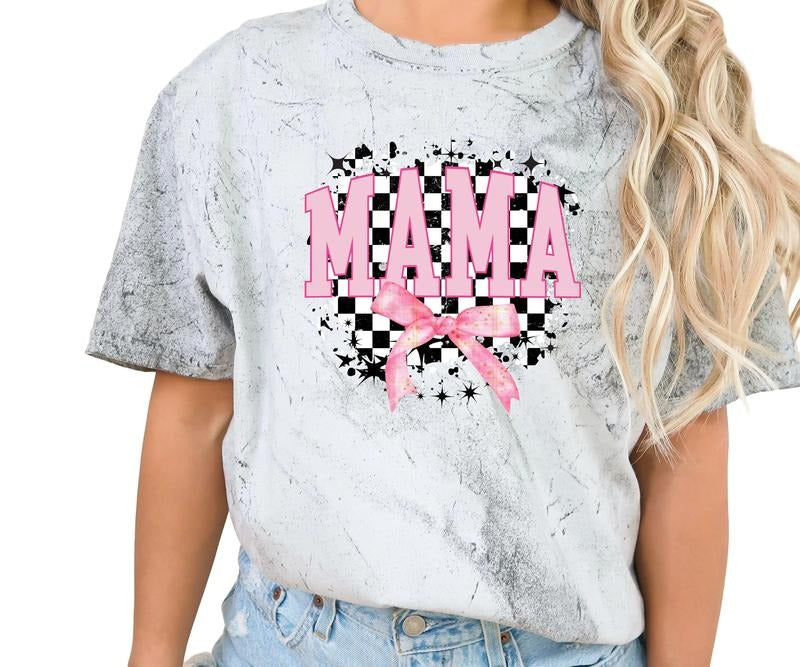 Mama with pink bow and checkers Comfort colors Tee shirt