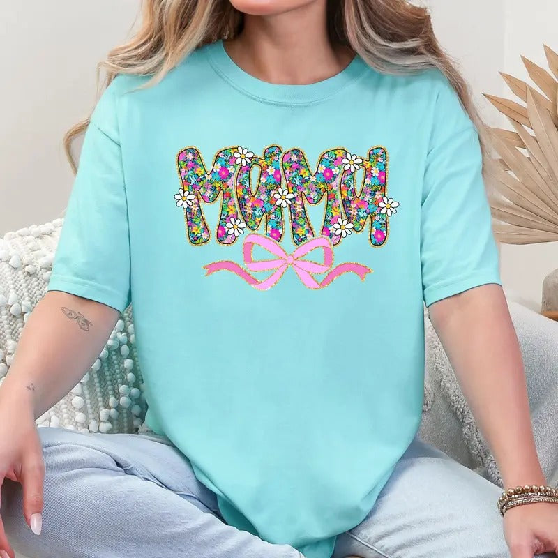 Mama, Mother's Day, Ribbon, Bow, Floral, Flowers, Bright, Colorful, Pastels Tshirt, Women's Comfort Colors Tee