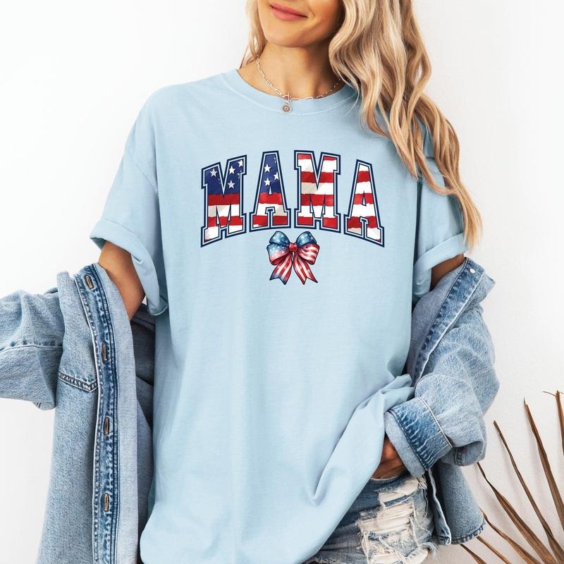 Mama, USA Flag, Patriotic, Varsity, Bow, Ribbon, America, 4th of July Tshirt, Women's Comfort Colors Tee