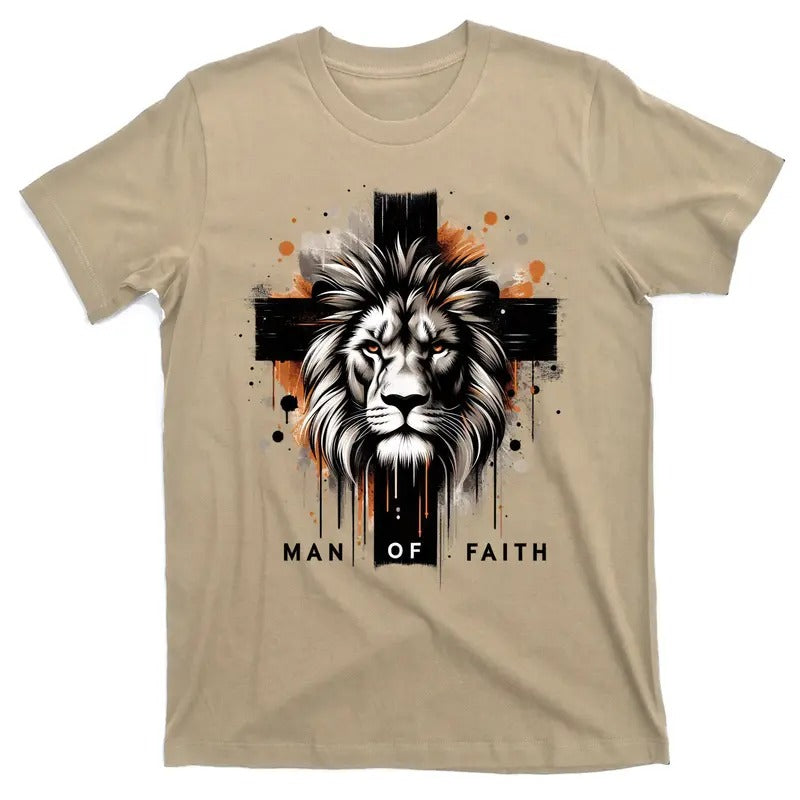 Man Of Faith Lion of Judah Jesus Christ Cross Christian Catholic T-Shirt Crewneck Casual Menswear Streetwear Stylish Tshirt Soft Shortsleeve Classic Tee
