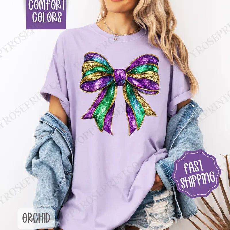 Mardi Gras Bow Comfort Colors, Coquette Fat Tuesday Women's Tee, Louisiana Women's Tshirt