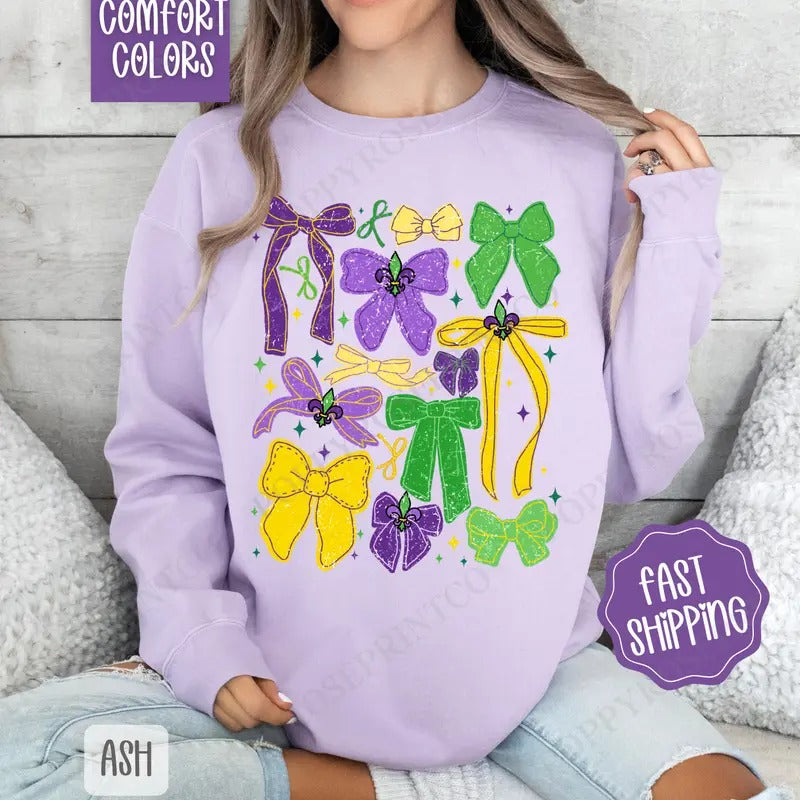 Mardi Gras Bows Comfort Colors Sweatshirt, Coquette Mardi Gras Women's Crewneck, Louisiana Women's Sweater