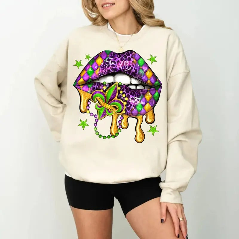 Mardi Gras Lips Tshirt Sweatshirt Hoodie, Mardi Gras Western Lips Shirt, Fleur De Lis Sweatshirt , Unisex Sweater Pullover Tee