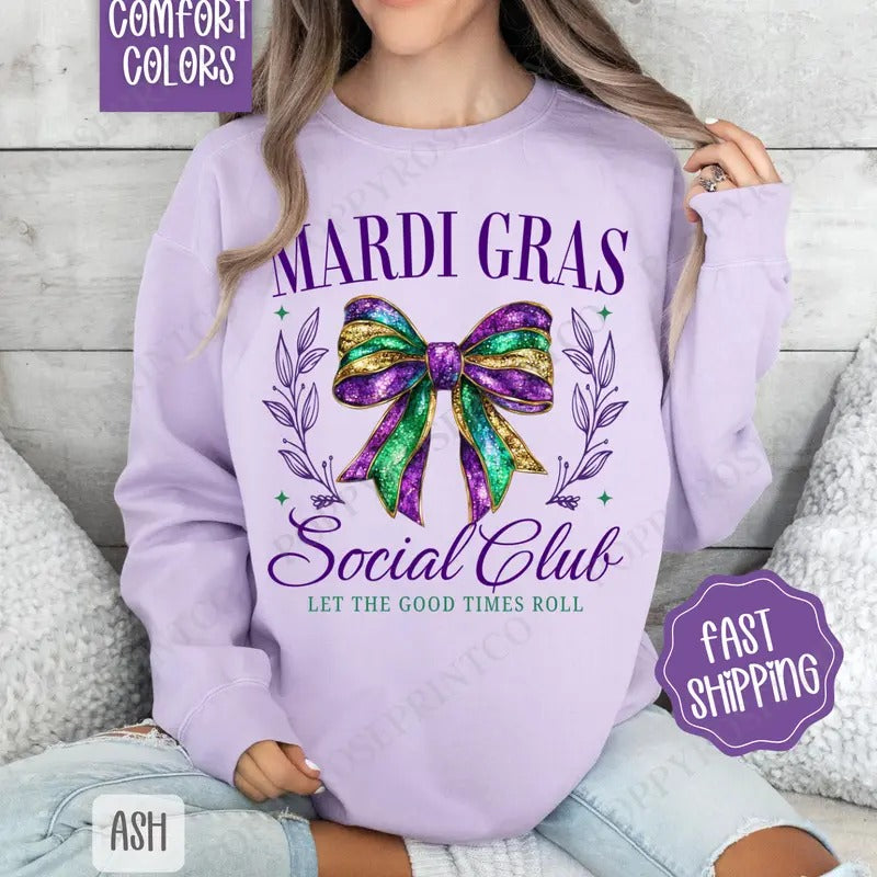 Mardi Gras Social Club Comfort Colors Sweatshirt, Fat Tuesday Women's Crewneck, Holiday Women's Sweater