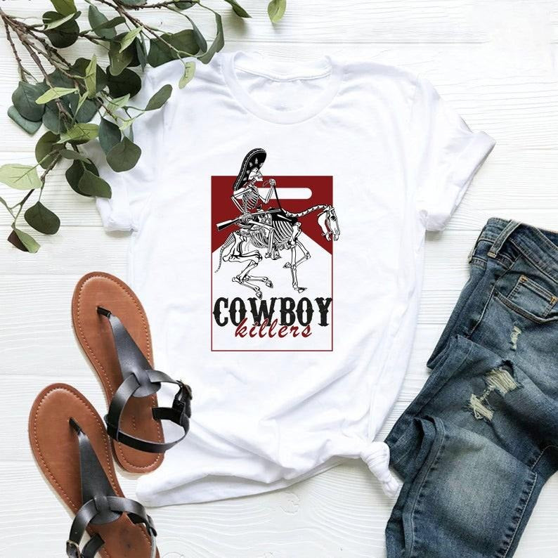 Marlboro Cowboy Killer Graphic Tee - Retro Cotton T-Shirt with Red and White Design, Featuring Cowboy and Horse Illustration