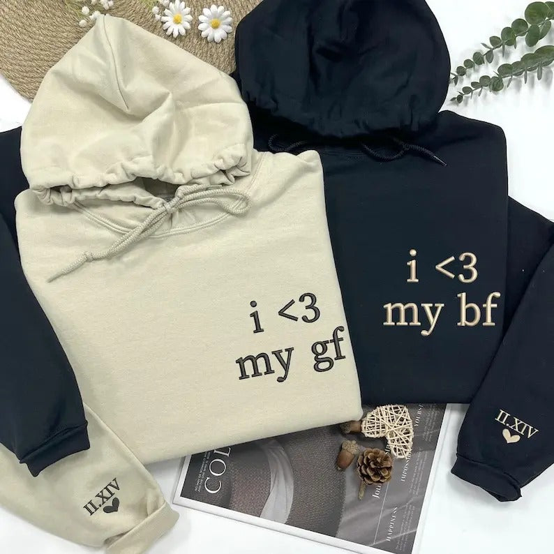Matching Couples Embroidery I Love My GF and BF Sweatshirts, I Love My Boyfriend I Love My Girlfriend Hoodie or Tee Shirt, Gift For Him and Her