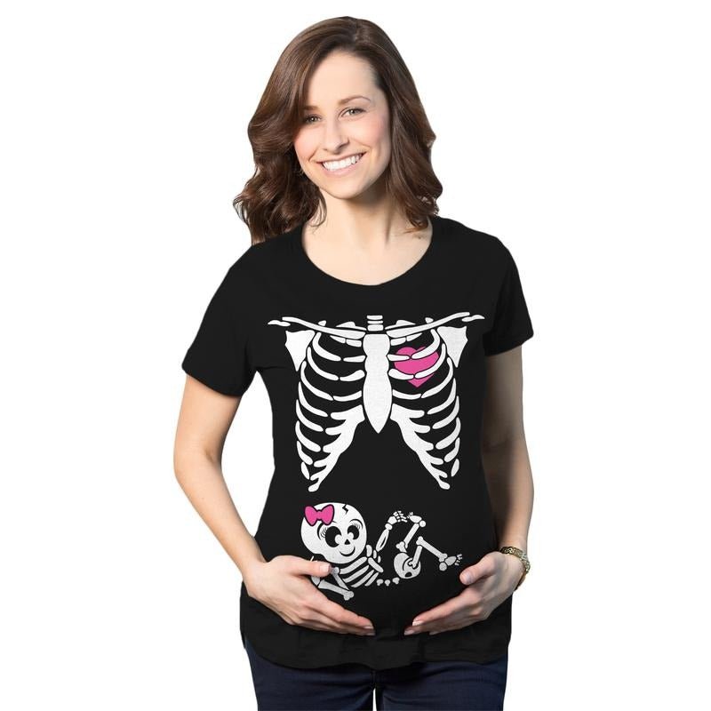 Maternity Baby Girl Skeleton Cute Halloween Pregnancy Bump T Shirt Funny Graphic Maternity Tee Cute Pregnancy Tees With Plus Sizes Halloween Maternity Wear Funny Maternity Shirts Black -