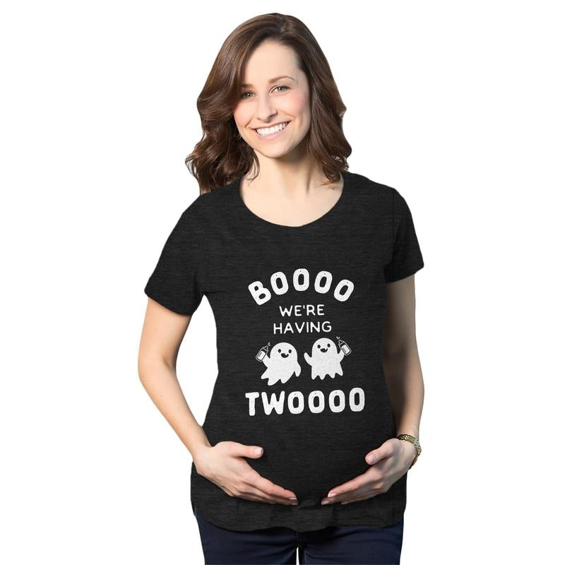 Maternity Boo We're Having Two T Shirt Funny Pregnancy Twins Announcement Halloween Tee Funny Graphic Maternity Tee Cute Pregnancy Tees With Plus Sizes Halloween Maternity Wear Funny Maternity Shirts Black