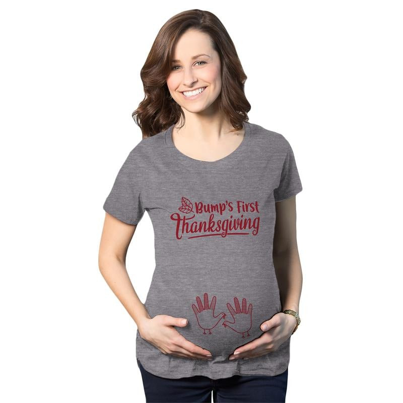 Maternity Bump's First Thanksgiving T Shirt Cute Funny Turkey Day Pregnancy Tee Funny Graphic Maternity Tee Cute Pregnancy Tees With Plus Sizes Thanksgiving Maternity Wear Funny Maternity Shirts Dark Grey